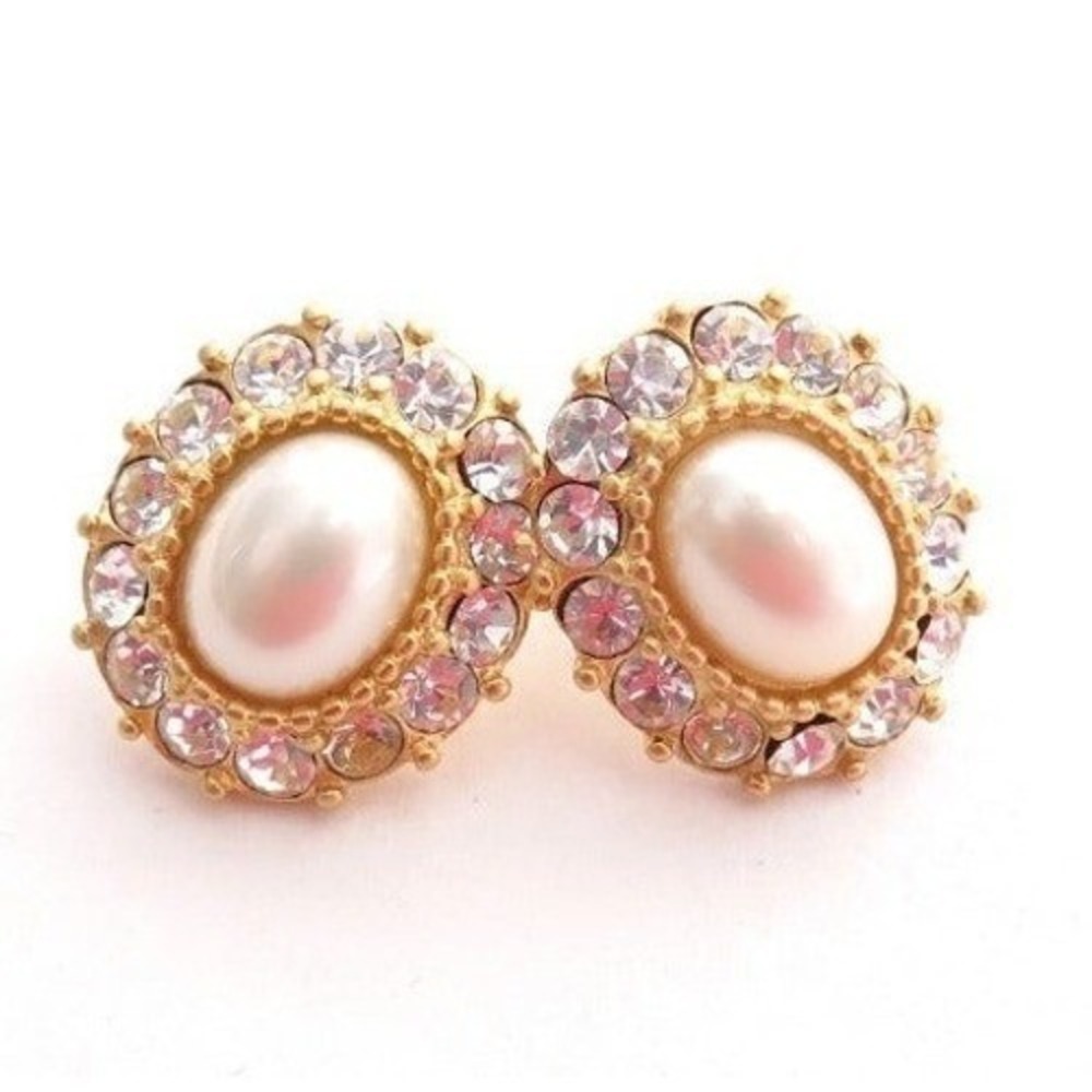 Gold Plated Designer Signed Erwin‎ Pearl Rhinestone Earrings